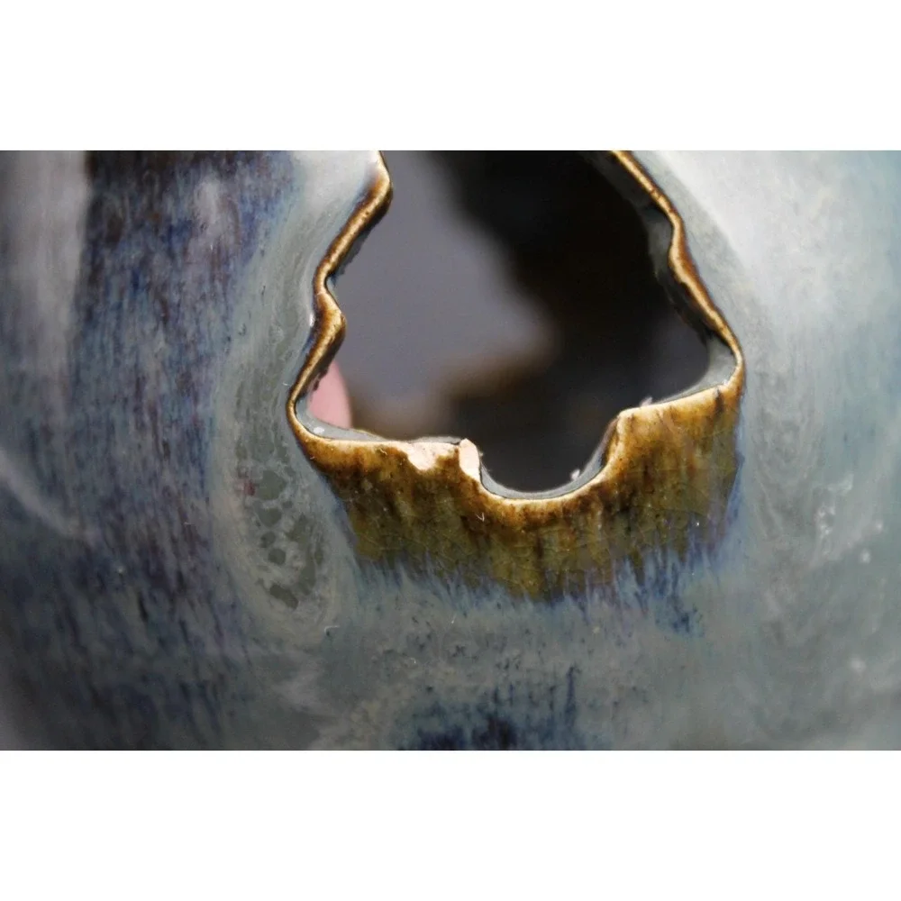 Handmade Pottery Luminary Candle Holder Blue Brown Glazed Tree Heart Cutouts